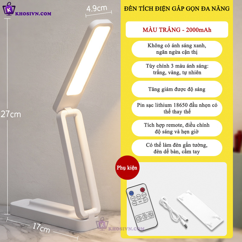 Đèn Học Sạc Pin Tích Điện, Đèn Học Để Bàn Gấp Gọn Đèn Gắn Tường Đọc Sách Đa Năng 3 Màu Ánh Sáng