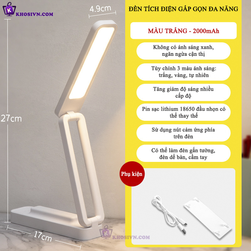 Đèn Học Sạc Pin Tích Điện, Đèn Học Để Bàn Gấp Gọn Đèn Gắn Tường Đọc Sách Đa Năng 3 Màu Ánh Sáng