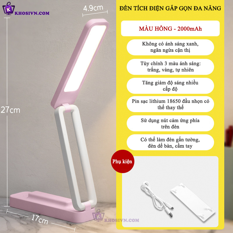 Đèn Học Sạc Pin Tích Điện, Đèn Học Để Bàn Gấp Gọn Đèn Gắn Tường Đọc Sách Đa Năng 3 Màu Ánh Sáng
