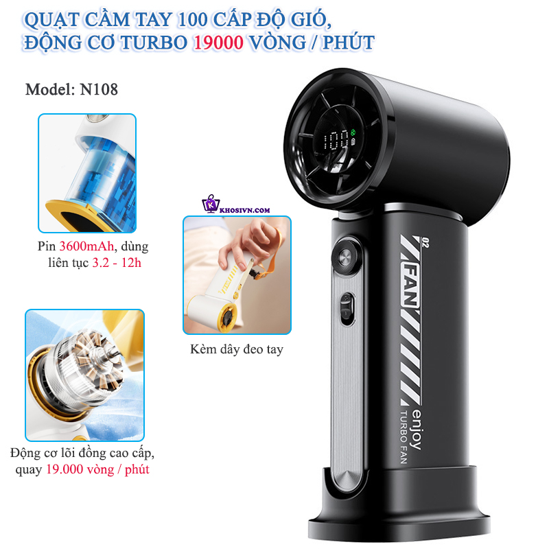 Quạt Turbo Cầm Tay Mini Gió Mạnh 10m/s Quay 19000 vòng/phút 100 Cấp Độ Gió - N108