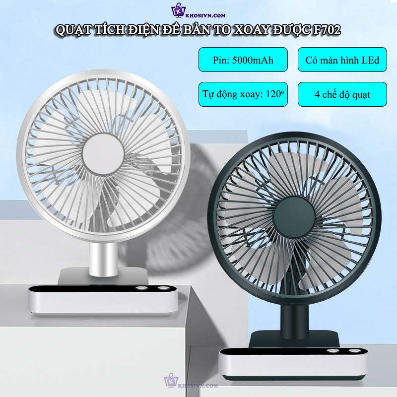 Quạt Để Bàn Văn Phòng Tích Điện To Xoay Được Pin Trâu 5000mAh Có Màn Hình LED - F702