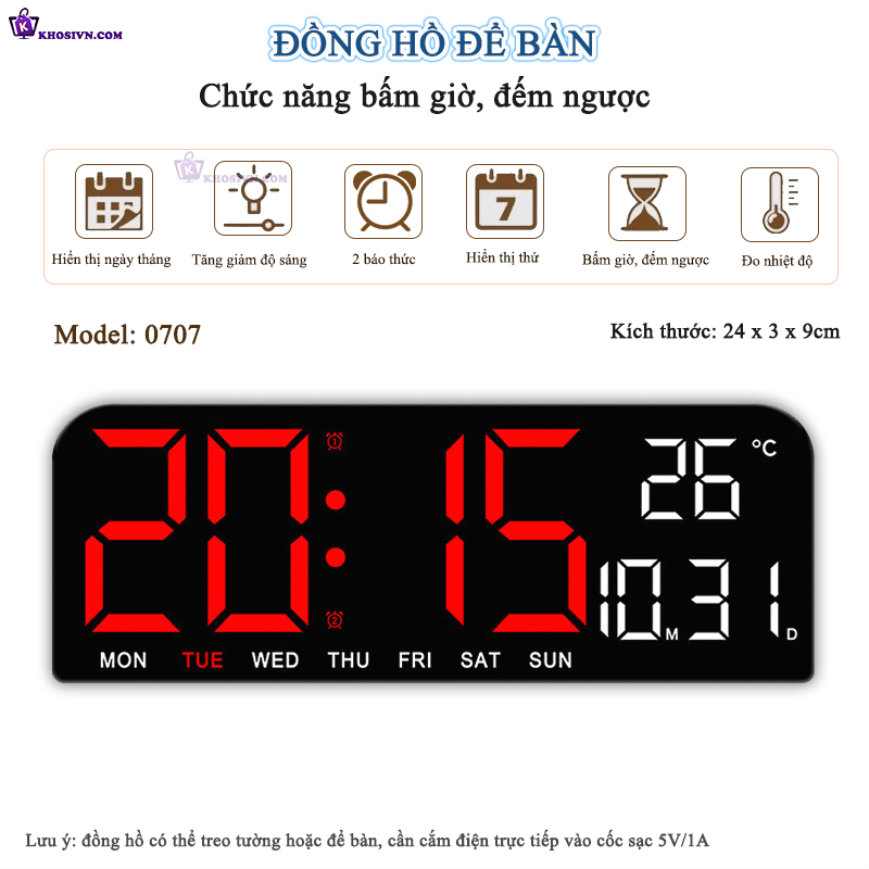 Đồng Hồ LED Điện Tử Để Bàn Gắn Tường Có Chức Năng Báo Thức, Đếm Ngược, Bấm Giờ, Đo Nhiệt Độ - 0707