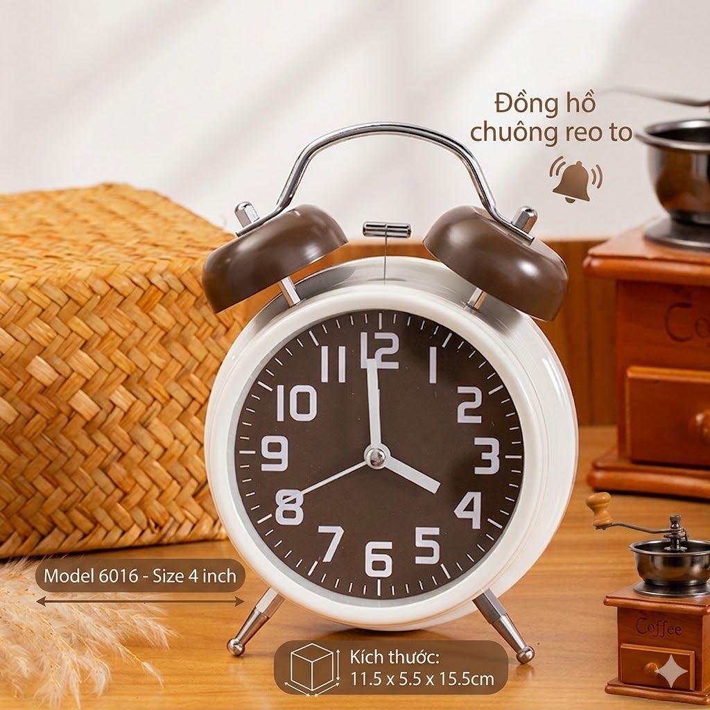 Đồng Hồ Báo Thức Kim Trôi Để Bàn Kèm Pin AA Size 3-4 inch Chuông Reo Báo Thức Lớn - 6016