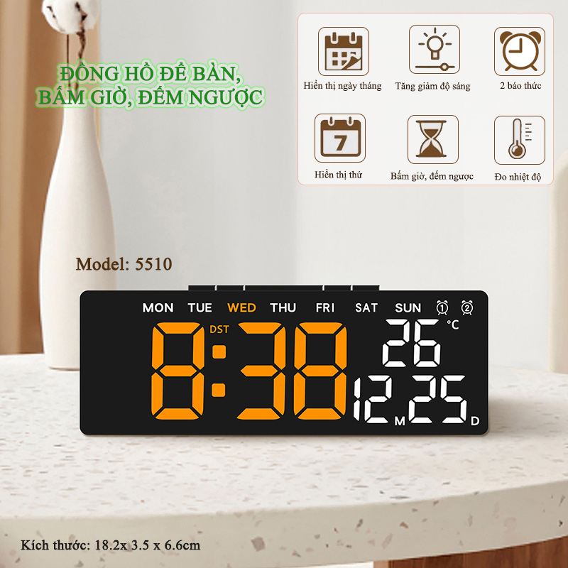 Đồng Hồ LED Digital Decor Báo Thức Để Bàn Hiển Thị Thời Gian Nhiệt Độ Chức Năng Đếm Ngược - 5510
