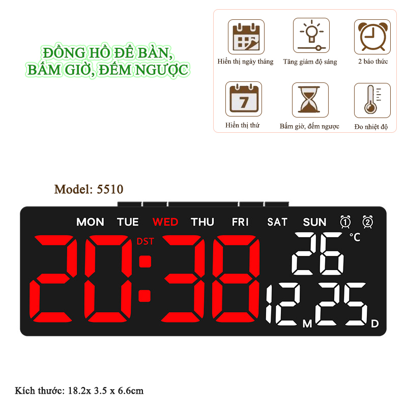 Đồng Hồ LED Digital Decor Báo Thức Để Bàn Hiển Thị Thời Gian Nhiệt Độ Chức Năng Đếm Ngược - 5510