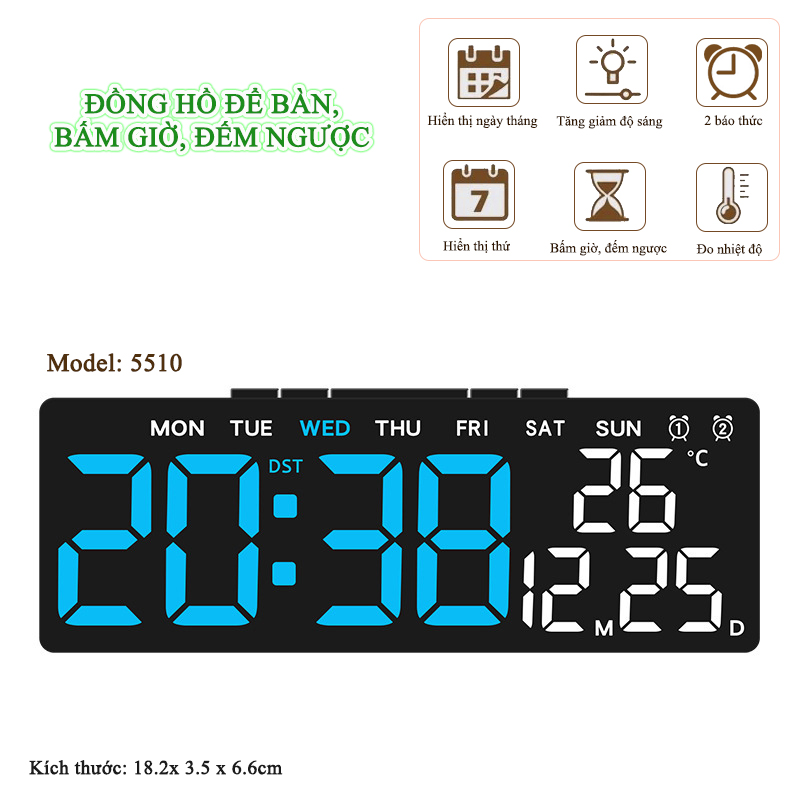 Đồng Hồ LED Digital Decor Báo Thức Để Bàn Hiển Thị Thời Gian Nhiệt Độ Chức Năng Đếm Ngược - 5510