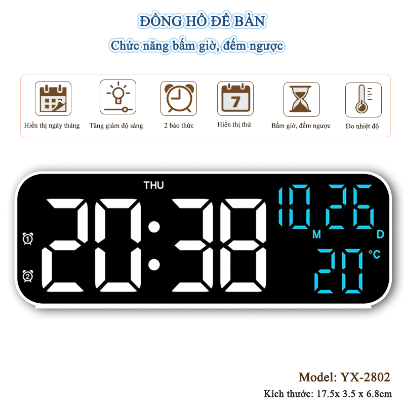 Đồng Hồ LED Digital Decor Để Bàn Báo Thức Hiển Thị Thời Gian Nhiệt Độ Chức Năng Đếm Ngược - YX-2802