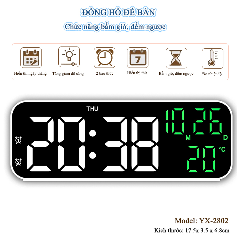 Đồng Hồ LED Digital Decor Để Bàn Báo Thức Hiển Thị Thời Gian Nhiệt Độ Chức Năng Đếm Ngược - YX-2802