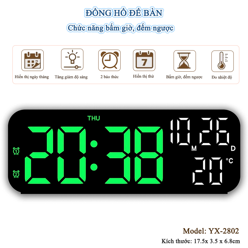 Đồng Hồ LED Digital Decor Để Bàn Báo Thức Hiển Thị Thời Gian Nhiệt Độ Chức Năng Đếm Ngược - YX-2802