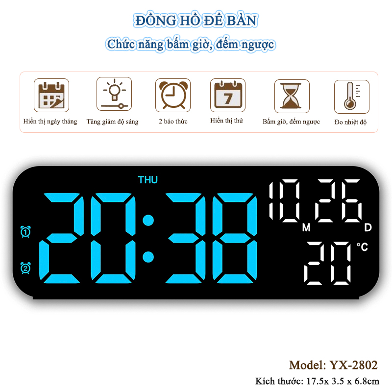 Đồng Hồ LED Digital Decor Để Bàn Báo Thức Hiển Thị Thời Gian Nhiệt Độ Chức Năng Đếm Ngược - YX-2802