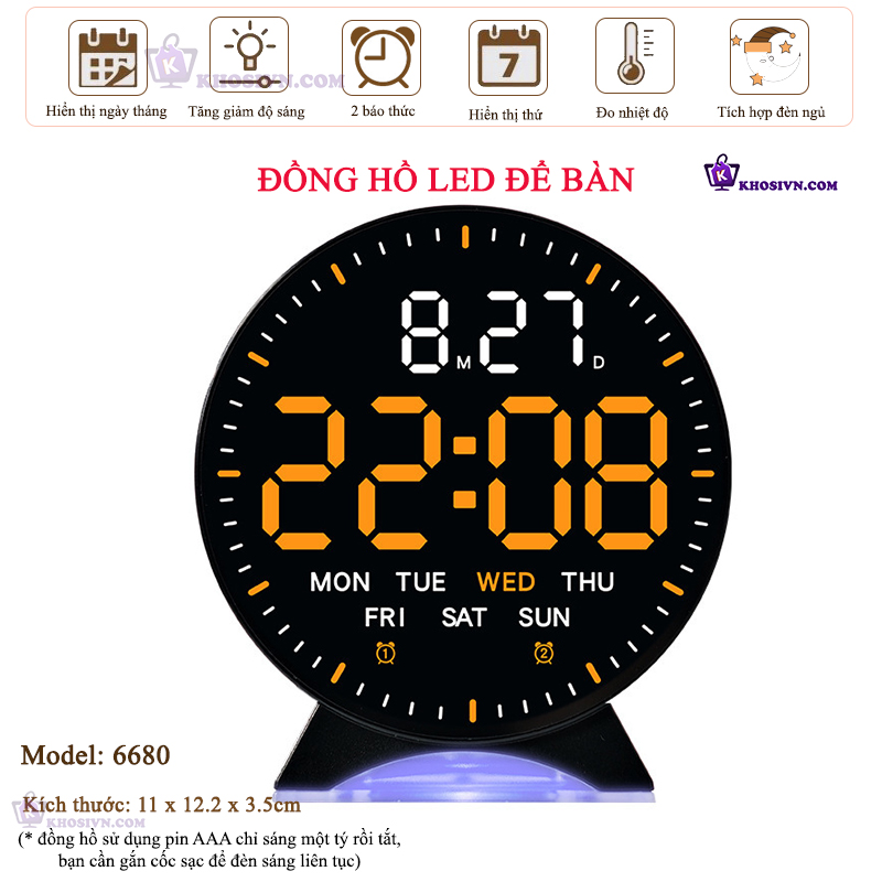 Đồng Hồ LED Decor Để Bàn Trang Trí Có Báo Thức, Đèn Ngủ, Hiển Thị Thời Gian, Ngày Tháng Thứ - 6680