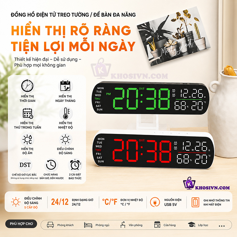 Đồng Hồ LED Báo Thức Để Bàn Đa Năng Có Hiển Thị Nhiệt Độ, Độ Ẩm, Bấm Giờ - 5512