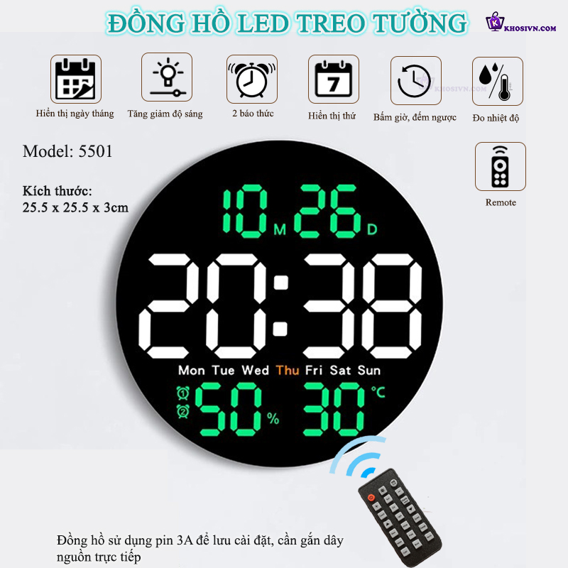Đồng Hồ LED Decor Gắn Tường Đa Chức Năng Hình Tròn, Báo Thức, Đếm Giờ, Đếm Ngược Có Remote - 5501