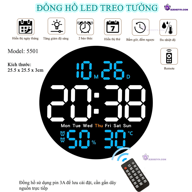 Đồng Hồ LED Decor Gắn Tường Đa Chức Năng Hình Tròn, Báo Thức, Đếm Giờ, Đếm Ngược Có Remote - 5501