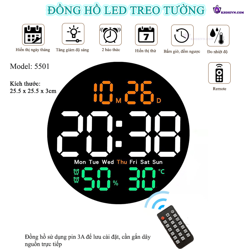 Đồng Hồ LED Decor Gắn Tường Đa Chức Năng Hình Tròn, Báo Thức, Đếm Giờ, Đếm Ngược Có Remote - 5501