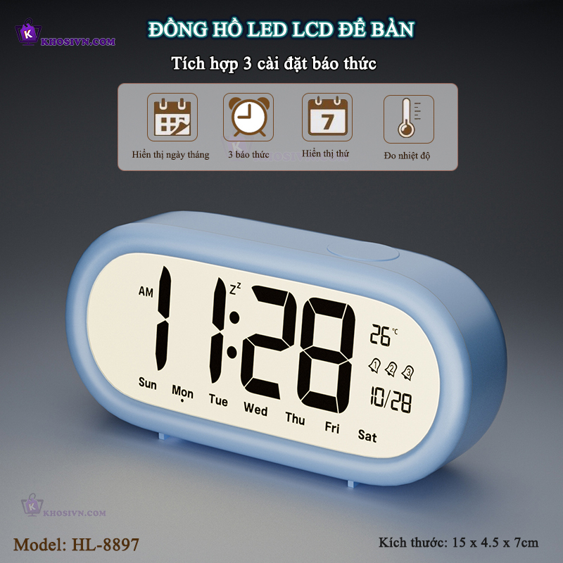 Đồng Hồ LED LCD Hiển Thị Thời Gian, Ngày Tháng Thứ, Tích Hợp 3 Cài Đặt Báo Thức - HL-8897