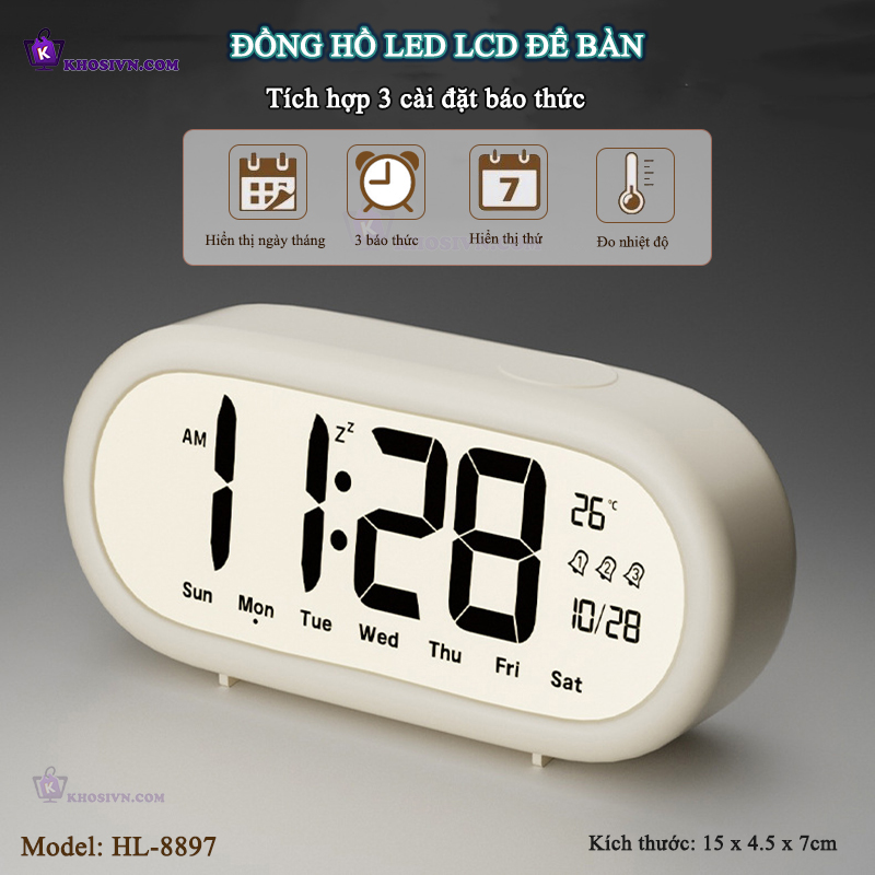 Đồng Hồ LED LCD Hiển Thị Thời Gian, Ngày Tháng Thứ, Tích Hợp 3 Cài Đặt Báo Thức - HL-8897