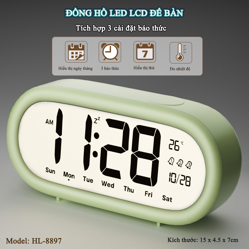 Đồng Hồ LED LCD Hiển Thị Thời Gian, Ngày Tháng Thứ, Tích Hợp 3 Cài Đặt Báo Thức - HL-8897