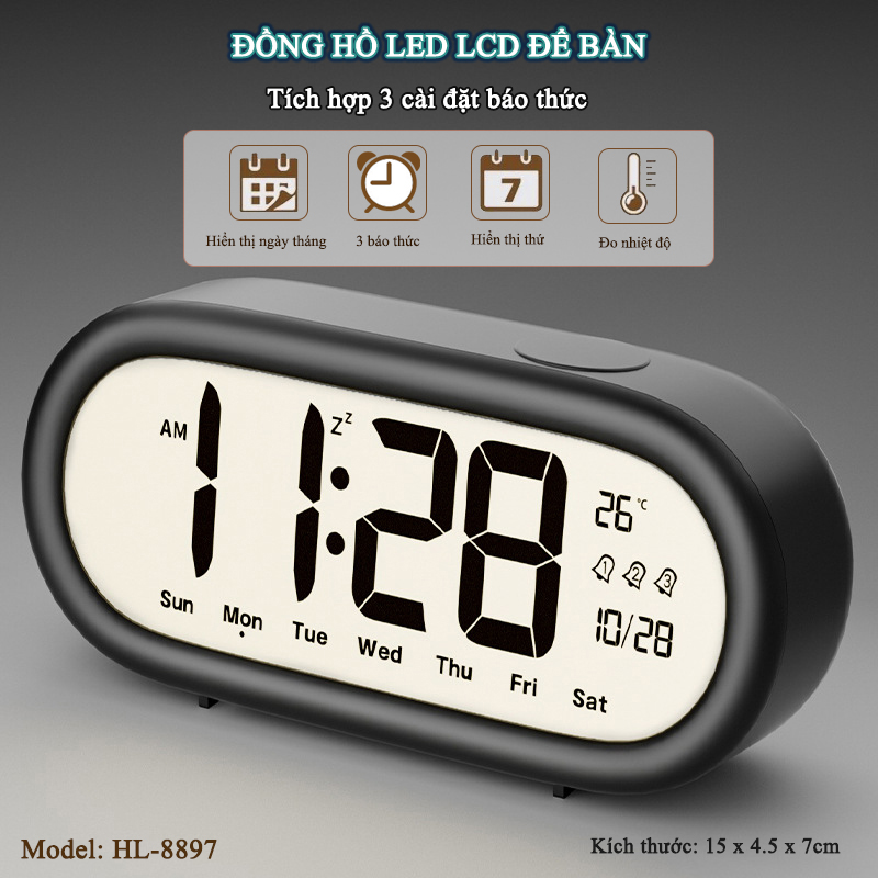Đồng Hồ LED LCD Hiển Thị Thời Gian, Ngày Tháng Thứ, Tích Hợp 3 Cài Đặt Báo Thức - HL-8897