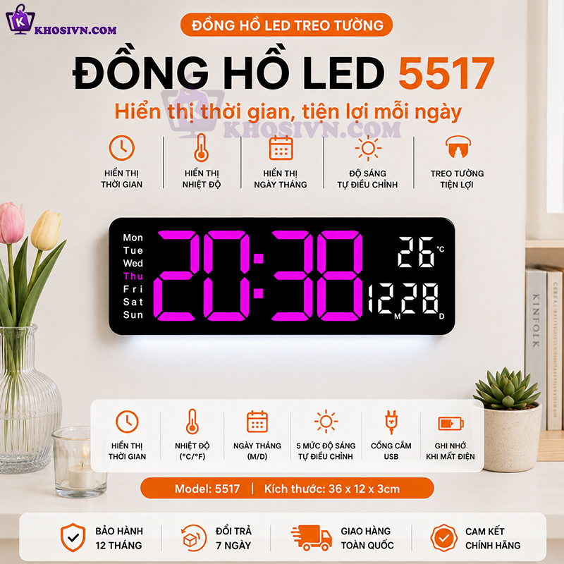 Đồng Hồ Để Bàn LED Decor Đồng Hồ Gắn Tường Tích Hợp Đèn Ngủ Có Thể Điều Chỉnh - 5505