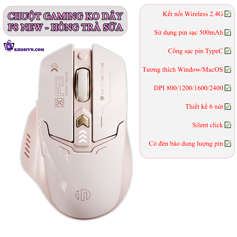 Chuột Gaming Inphic Không Dây 2.4G Màu Hồng Cá Tính 2400DPI Nút Bấm Im Lặng Thiết Kế Công Thái Học - Inphic F8