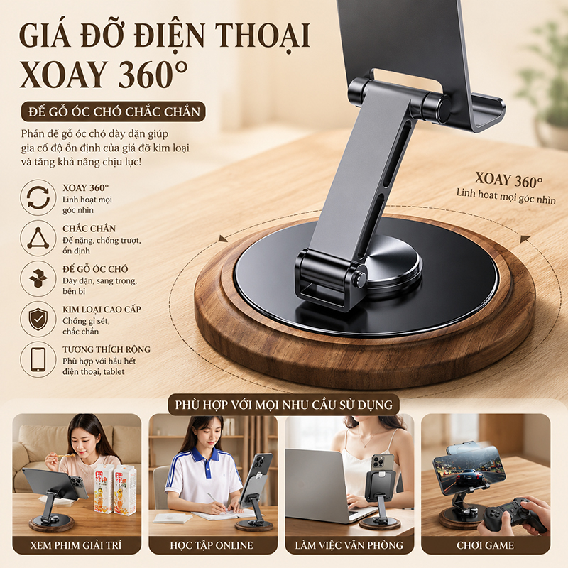 Giá Đỡ Điện Thoại Gấn Gọn Để Bàn Hợp Kim Nhôm Xoay 360 Độ Bền Bỉ