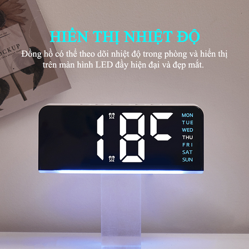 Đồng Hồ LED Decor Để Bàn Để Phòng, Đồng Hồ Tích Hợp Đèn Ngủ Có Báo Thức Nhiệt Độ - GH8033