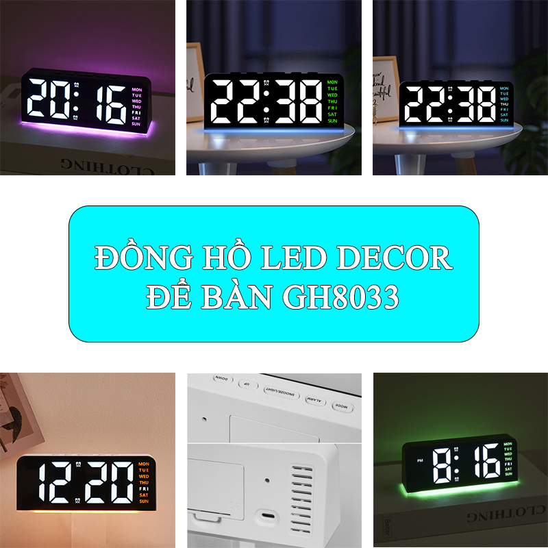 Đồng Hồ LED Decor Để Bàn Để Phòng, Đồng Hồ Tích Hợp Đèn Ngủ Có Báo Thức Nhiệt Độ - GH8033