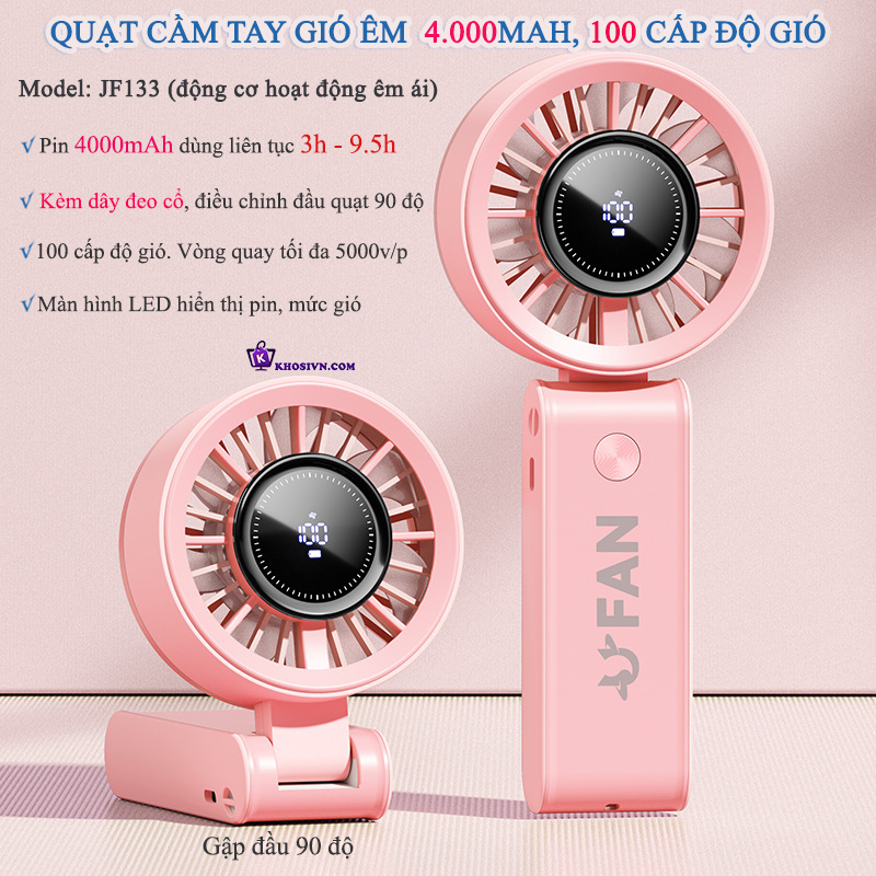 Địa Chỉ Mua Sỉ Quạt Cầm Tay Tích Điện Mini Gió Mạnh 100 Cấp Gập 90 Độ Kèm Dây Đeo Cổ JF133 Tại TPHCM