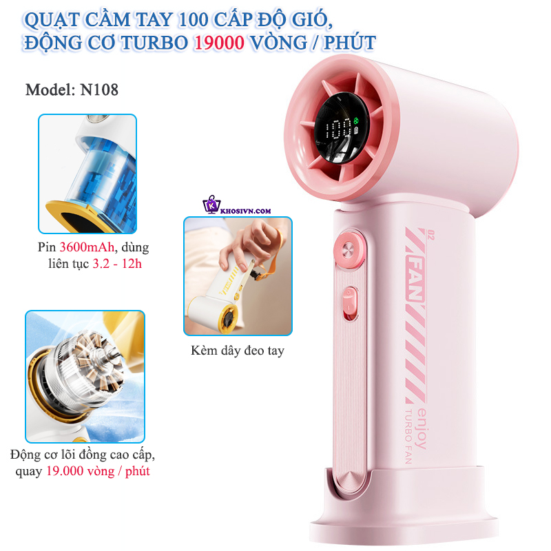 Quạt Turbo Cầm Tay Mini Gió Mạnh 10m/s Quay 19000 vòng/phút 100 Cấp Độ Gió - N108