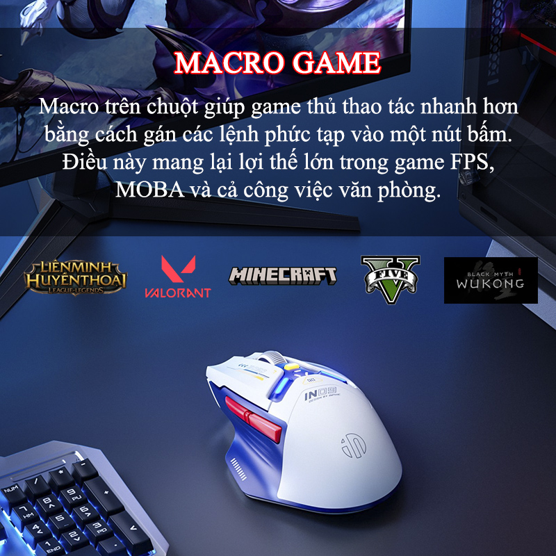 Chuột Gaming Inphic Không Dây 3 Kiểu Kết Nối Bluetooth 2.4G Hoặc Dây Tương Thích Mọi Game FPS 12000dpi - Inphic IN9