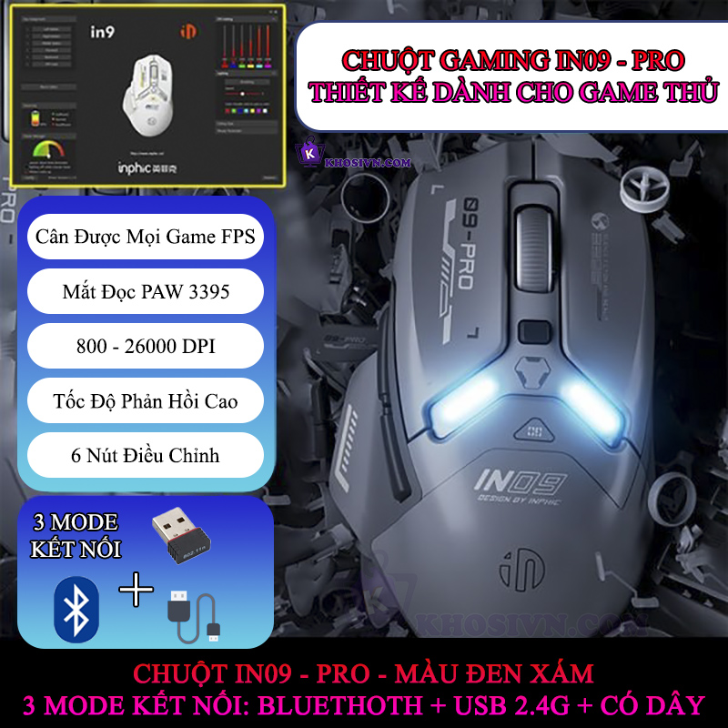 Chuột Gaming Inphic Không Dây 3 Kiểu Kết Nối Bluetooth 2.4G Hoặc Dây Tương Thích Mọi Game FPS 12000dpi - Inphic IN9