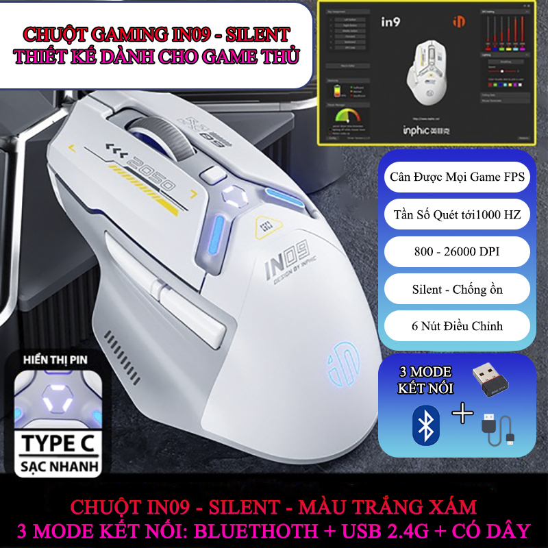Chuột Gaming Inphic Không Dây 3 Kiểu Kết Nối Bluetooth 2.4G Hoặc Dây Tương Thích Mọi Game FPS 12000dpi - Inphic IN9