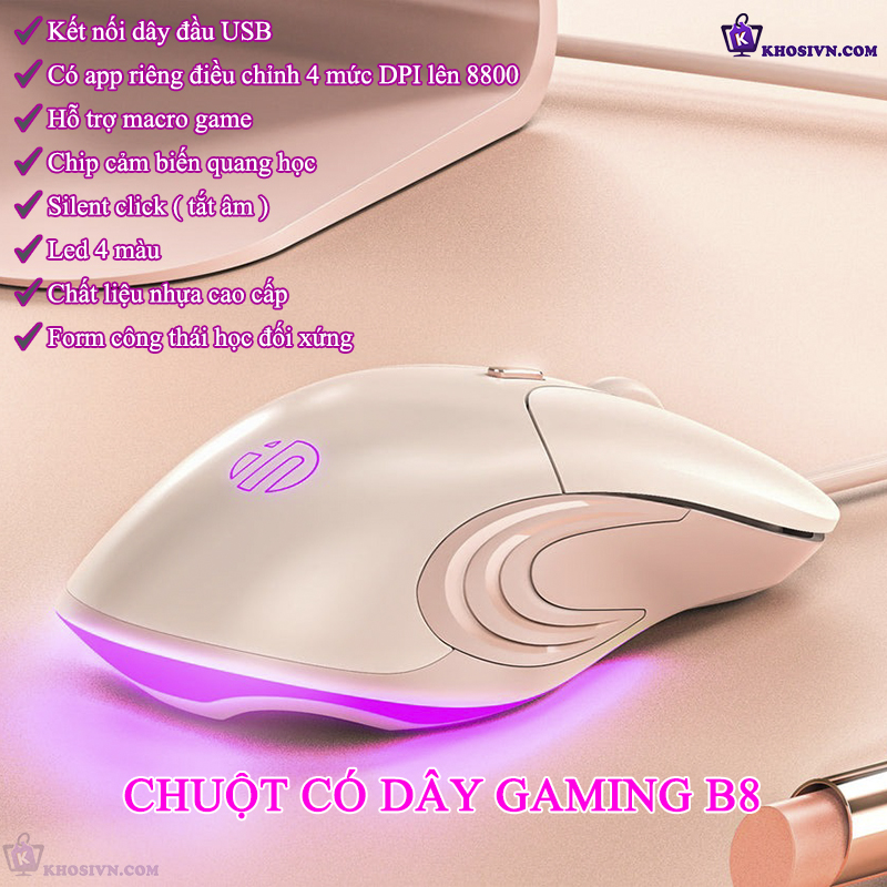 Chuột Gaming Inphic Công Thái Học Có Dây Dùng Cho Văn Phòng Chơi Game Độ Nhạy DPI 4 Cấp Có LED RGB Nút Bấm Im Lặng - Inphic B8