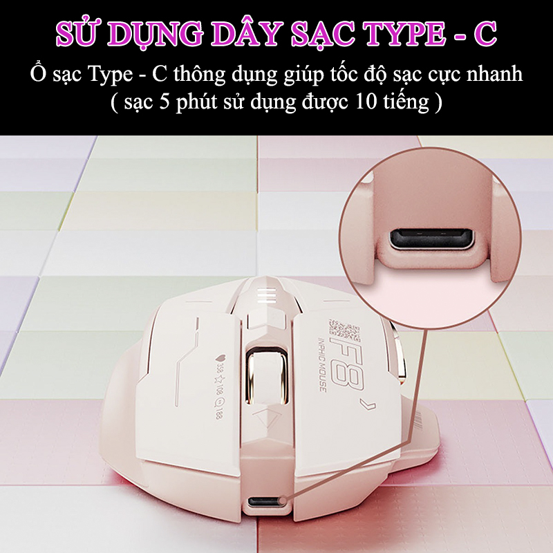 Chuột Gaming Inphic Không Dây 2.4G Màu Hồng Cá Tính 2400DPI Nút Bấm Im Lặng Thiết Kế Công Thái Học - Inphic F8