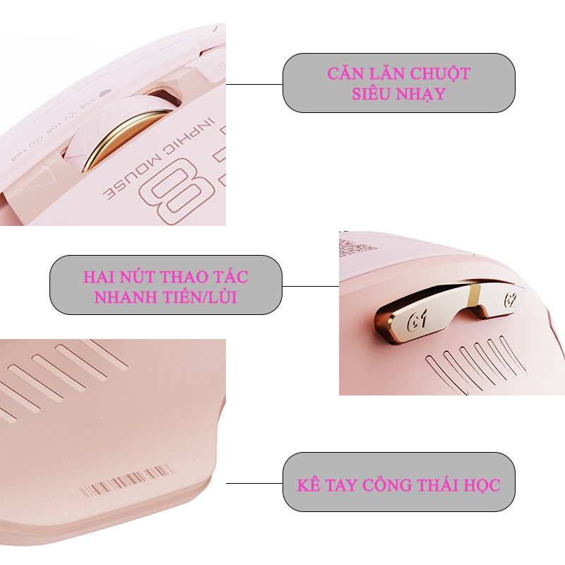 Chuột Gaming Inphic Không Dây 2.4G Màu Hồng Cá Tính 2400DPI Nút Bấm Im Lặng Thiết Kế Công Thái Học - Inphic F8