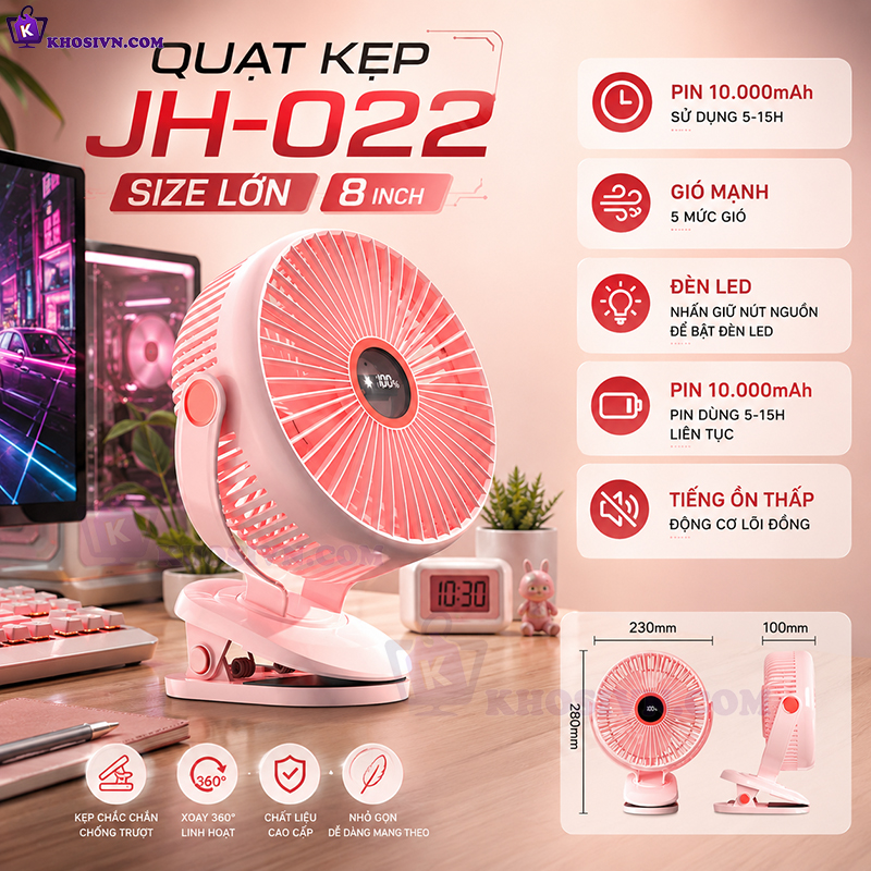 Quạt Kẹp Bàn Tích Điện, Kẹp Xe Đẩy, Để Bàn Size Lớn 8inch Pin 10.000mAh Xoay 720 độ - JH-022