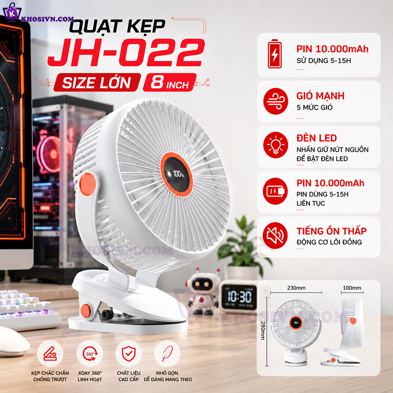 Quạt Kẹp Bàn Tích Điện, Kẹp Xe Đẩy, Để Bàn Size Lớn 8inch Pin 10.000mAh Xoay 720 độ - JH-022
