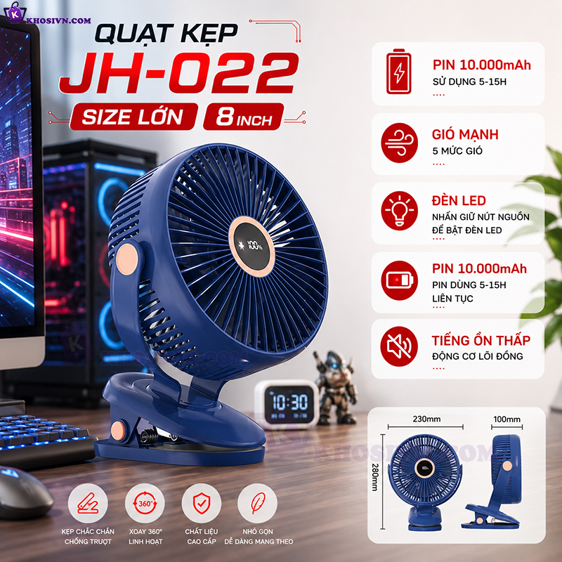 Quạt Kẹp Bàn Tích Điện, Kẹp Xe Đẩy, Để Bàn Size Lớn 8inch Pin 10.000mAh Xoay 720 độ - JH-022