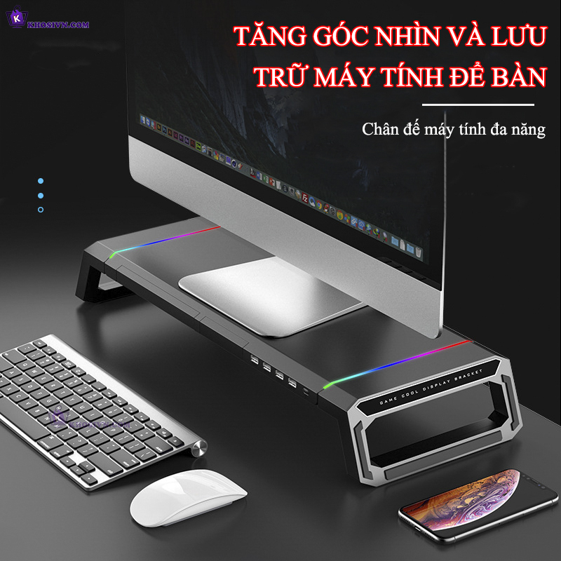 Kệ Để Màn Hình Máy Tính Cao Cấp Trang Bị LED RGB Đa Cổng Kết Nối, Kệ Màn Hình Decor Bàn Làm Việc T1
