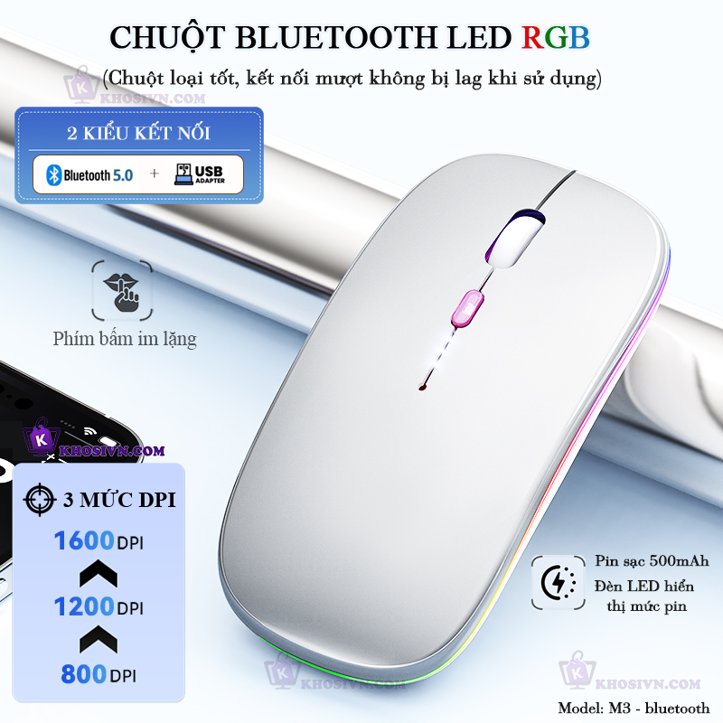 Chuột Bluetooth Không Dây Pin Sạc Siêu Mỏng Loại Tốt Có LED RGB Chuột Dùng Cho Điện Thoại Máy Tính - M2/3