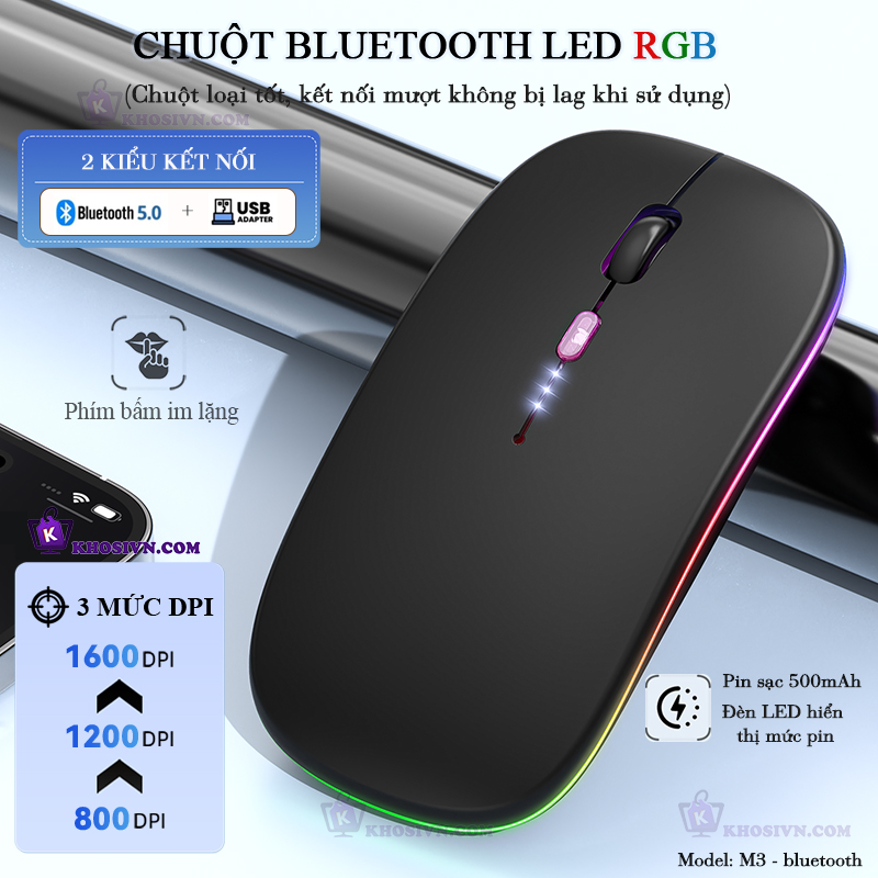 Chuột Bluetooth Không Dây Pin Sạc Siêu Mỏng Loại Tốt Có LED RGB Chuột Dùng Cho Điện Thoại Máy Tính - M2/3