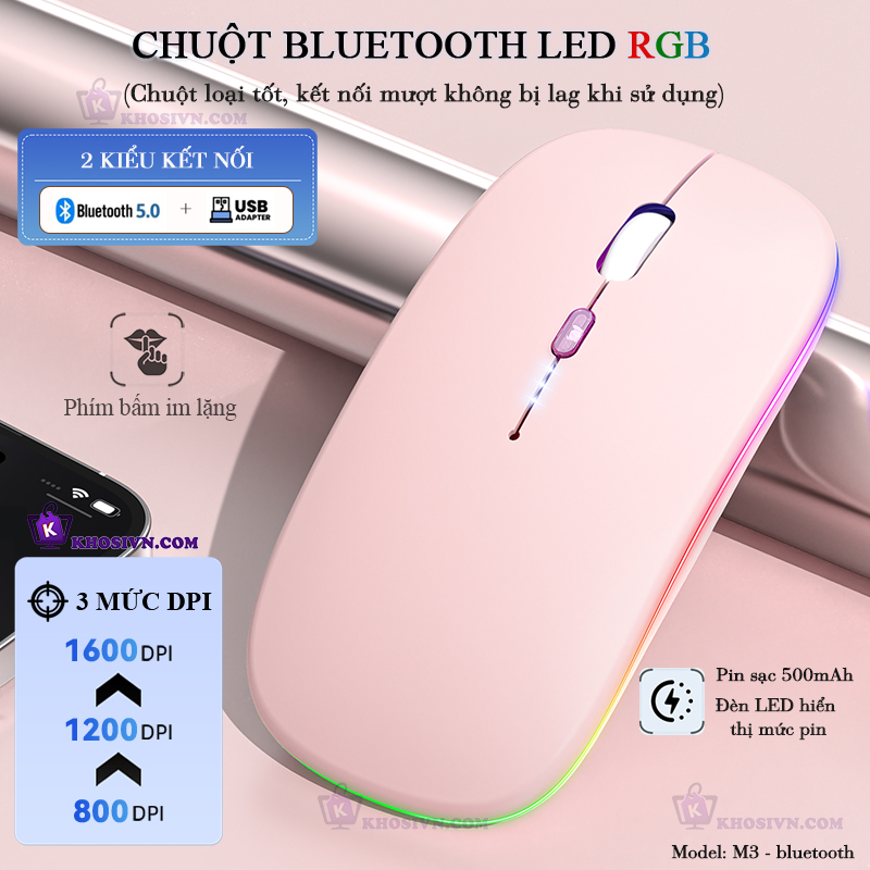 Chuột Bluetooth Không Dây Pin Sạc Siêu Mỏng Loại Tốt Có LED RGB Chuột Dùng Cho Điện Thoại Máy Tính - M2/3