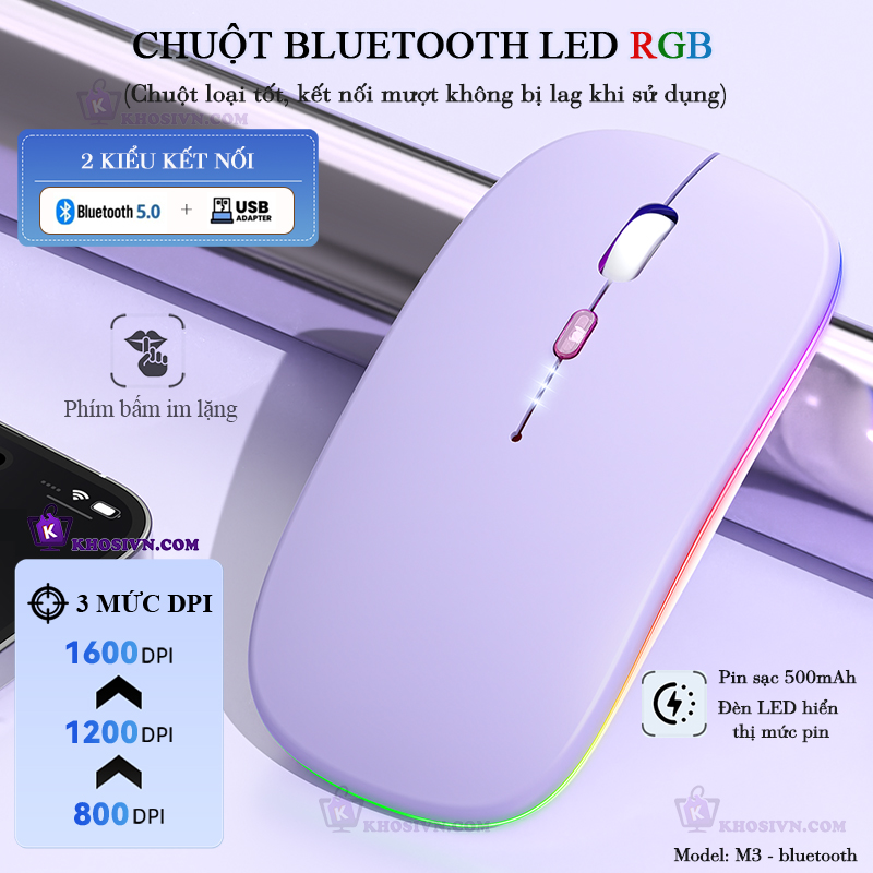 Chuột Bluetooth Không Dây Pin Sạc Siêu Mỏng Loại Tốt Có LED RGB Chuột Dùng Cho Điện Thoại Máy Tính - M2/3