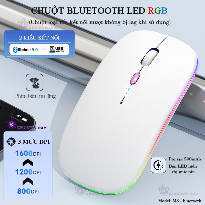 Chuột Bluetooth Không Dây Pin Sạc Siêu Mỏng Loại Tốt Có LED RGB Chuột Dùng Cho Điện Thoại Máy Tính - M2/3