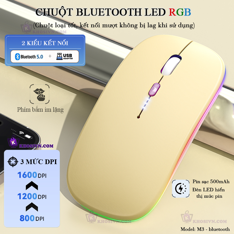 Chuột Bluetooth Không Dây Pin Sạc Siêu Mỏng Loại Tốt Có LED RGB Chuột Dùng Cho Điện Thoại Máy Tính - M2/3