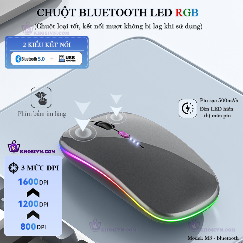 Chuột Bluetooth Không Dây Pin Sạc Siêu Mỏng Loại Tốt Có LED RGB Chuột Dùng Cho Điện Thoại Máy Tính - M2/3