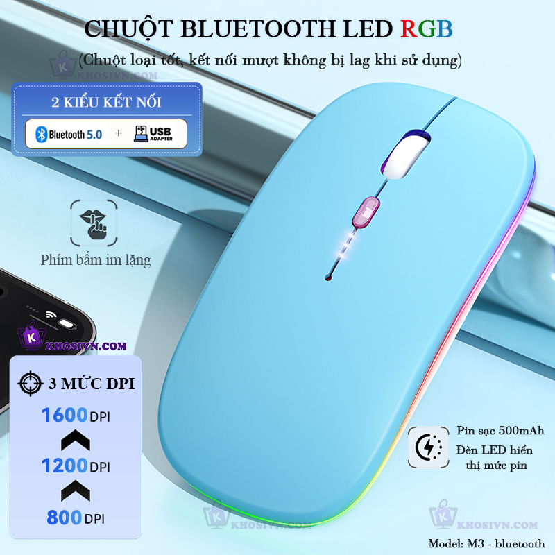 Chuột Bluetooth Không Dây Pin Sạc Siêu Mỏng Loại Tốt Có LED RGB Chuột Dùng Cho Điện Thoại Máy Tính - M2/3