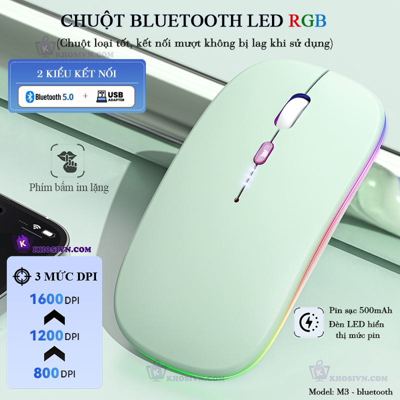 Chuột Bluetooth Không Dây Pin Sạc Siêu Mỏng Loại Tốt Có LED RGB Chuột Dùng Cho Điện Thoại Máy Tính - M2/3