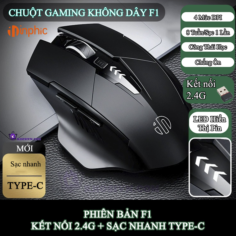 Chuột Gaming Inphic Máy Tính Không Dây Kết Nối 2.4G Công Thái Học Chống Mỏi Tay Click chống ồn - Inphic F1